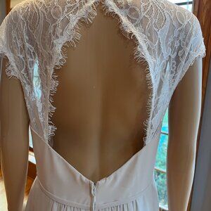 Christina Wu Cream Chiffon Lace Floor Length Wedding Gown Bridal Dress Size 14